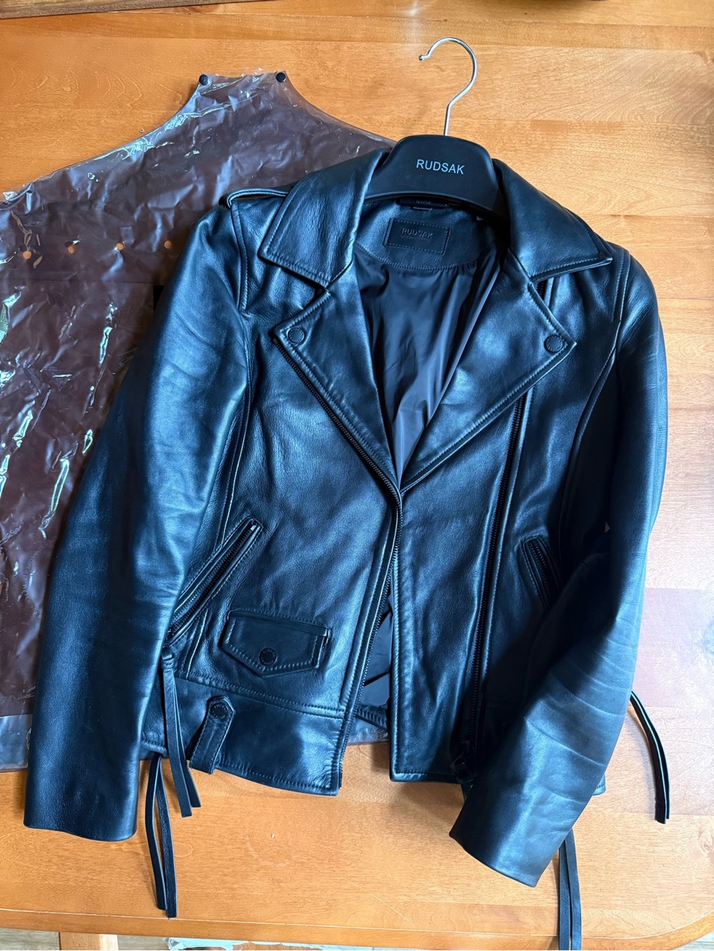RUDSAK Black Leather Moto Jacket with Belted Hem